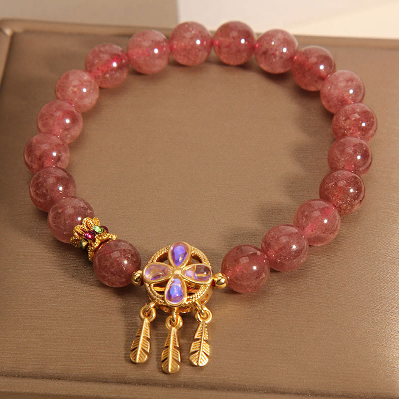 Fortune Jewel Natural Strawberry Quartz Four Leaf Clover Dreamcatcher Charm Love Bracelet