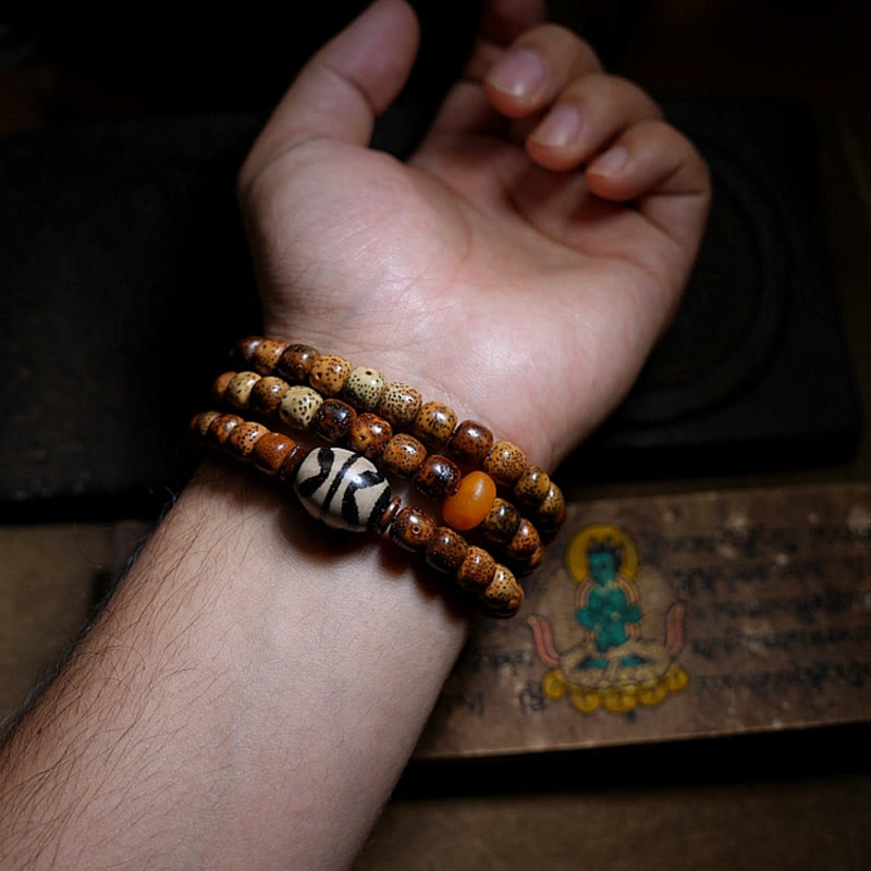 Fortune Jewel Tibetan Bodhi Seed Amber Dzi Bead Agate Zakiram Goddess of Wealth Beads Triple Wrap Bracelet