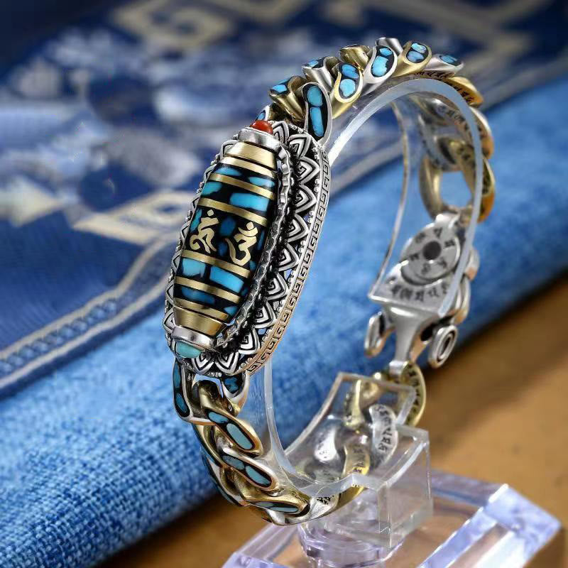 Fortune Jewel Tibetan Nine-Eye Dzi Bead Om Mani Padme Hum Turquoise Protection Rotatable Bracelet