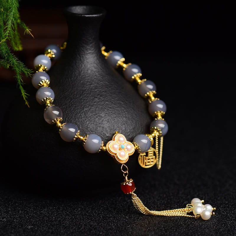 Fortune Jewel Natural Gray Agate Fu Character Pearl Tassel Balance Bracelet