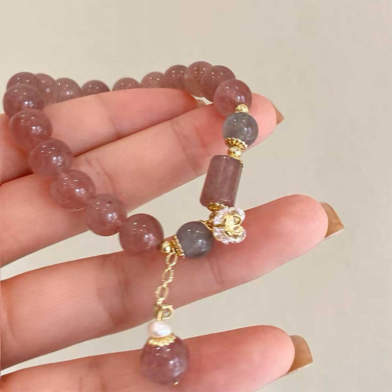 Fortune Jewel Natural Strawberry Quartz Zircon Flower Positive Charm Bracelet