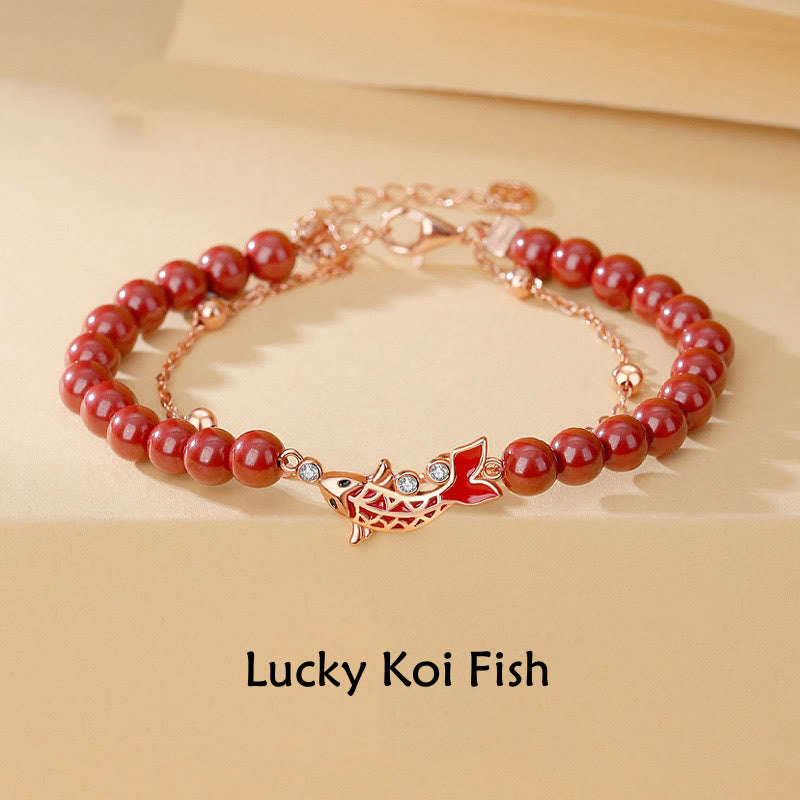 Fortune Jewel 925 Sterling Silver Lucky Koi Fish Cinnabar Zircon Prosperity Double Layer Chain Bracelet