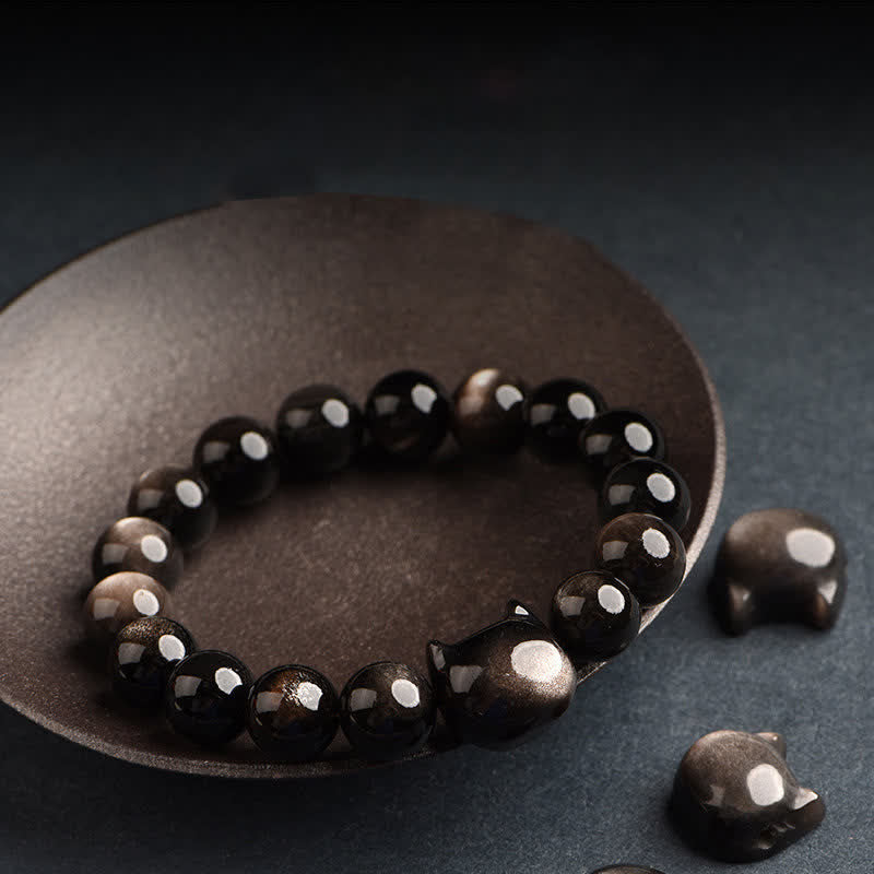 Fortune Jewel Gold Sheen Obsidian Silver Sheen Obsidian Lovely Paw Lucky Cat Protection Bracelet