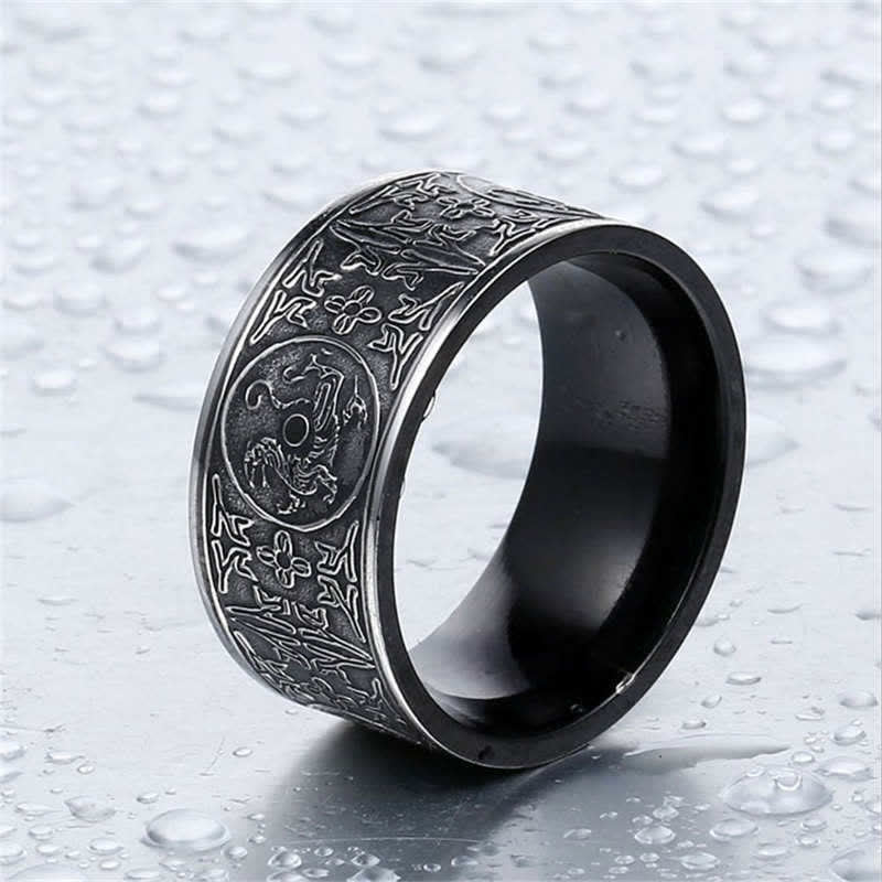 Fortune Jewel Four Guardian Beast Dragon White Tiger Suzaku Basalt Carved Success Luck Ring Fortune Jewel