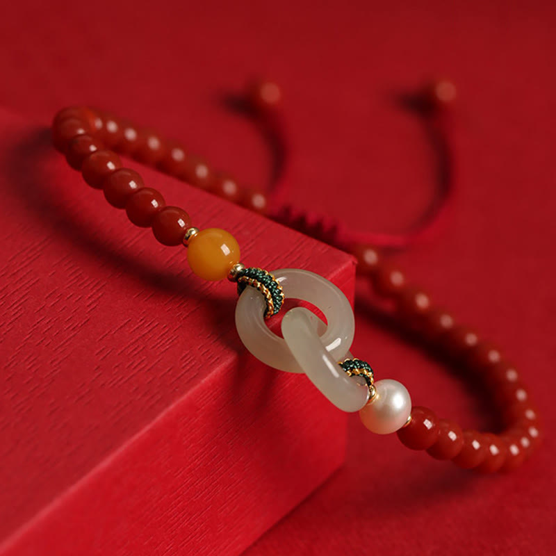 Fortune Jewel Natural Red Agate Hetian Jade Double Peace Buckle Confidence Bracelet
