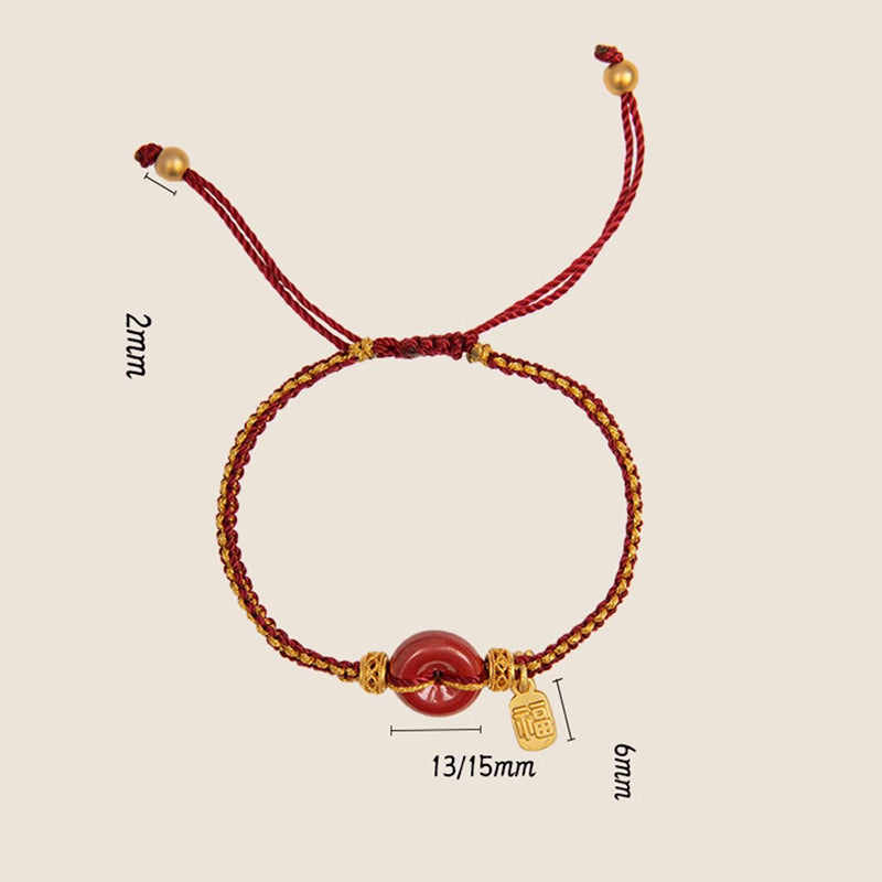 Fortune Jewel Natural Cinnabar Peace Buckle Fu Character Charm Blessing Braided Bracelet