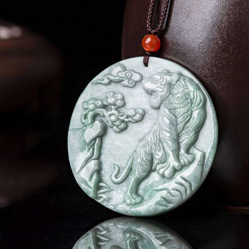 Fortune Jewel Chinese Zodiac Tiger Jade Protection Necklace String Pendant