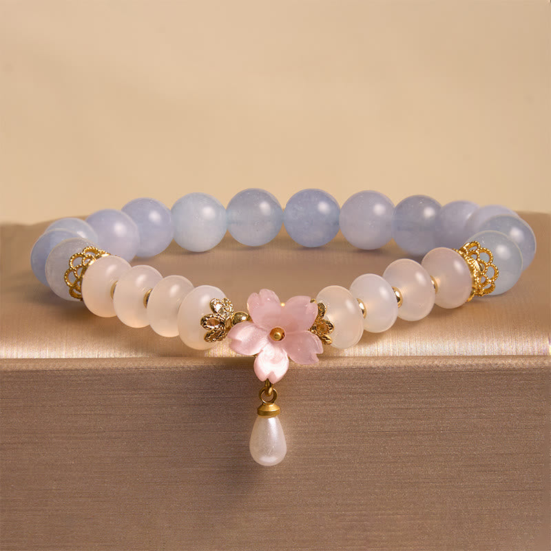 Fortune Jewel Aquamarine White Agate Pearl Abacus Beads Flower Healing Bracelet