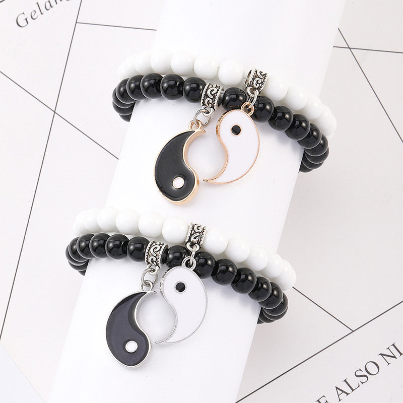 Fortune Jewel 2Pcs Black Onyx White Turquoise Bead Yin Yang Protection Couple Bracelet