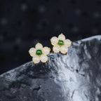Fortune Jewel White Jade Flower Luck Blessing Stud Earrings
