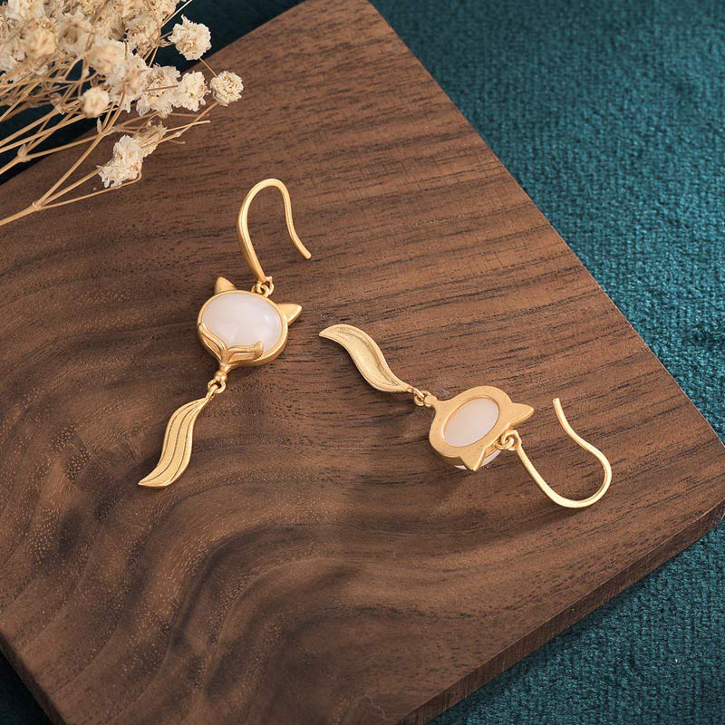 Fortune Jewel FengShui White Jade Fox Fortune Earrings