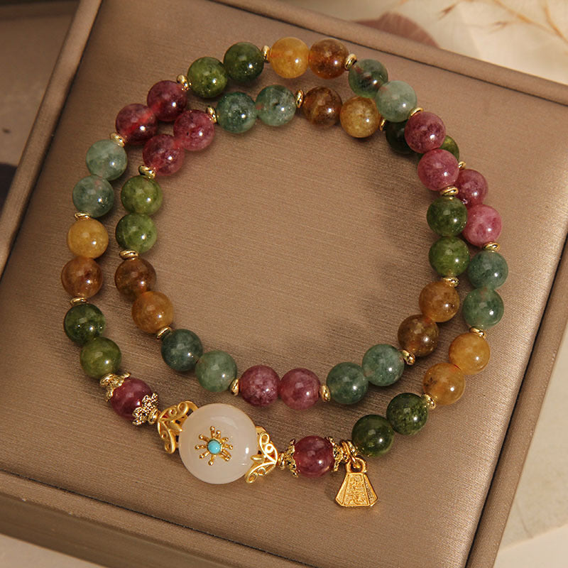 Fortune Jewel Natural Multicolored Tourmaline Positive Jade Flower Double Wrap Bracelet