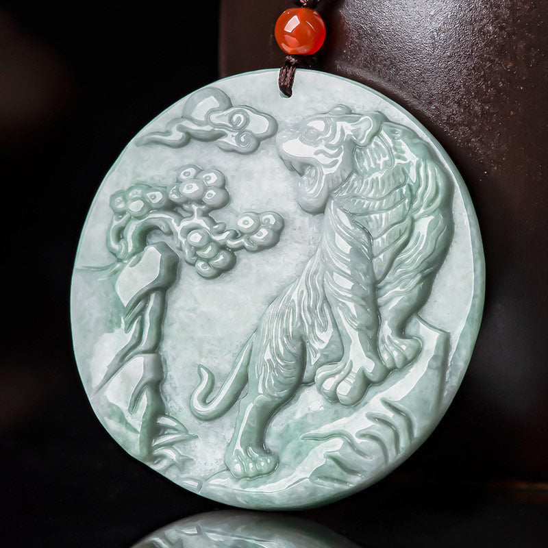 Fortune Jewel Chinese Zodiac Tiger Jade Protection Necklace String Pendant