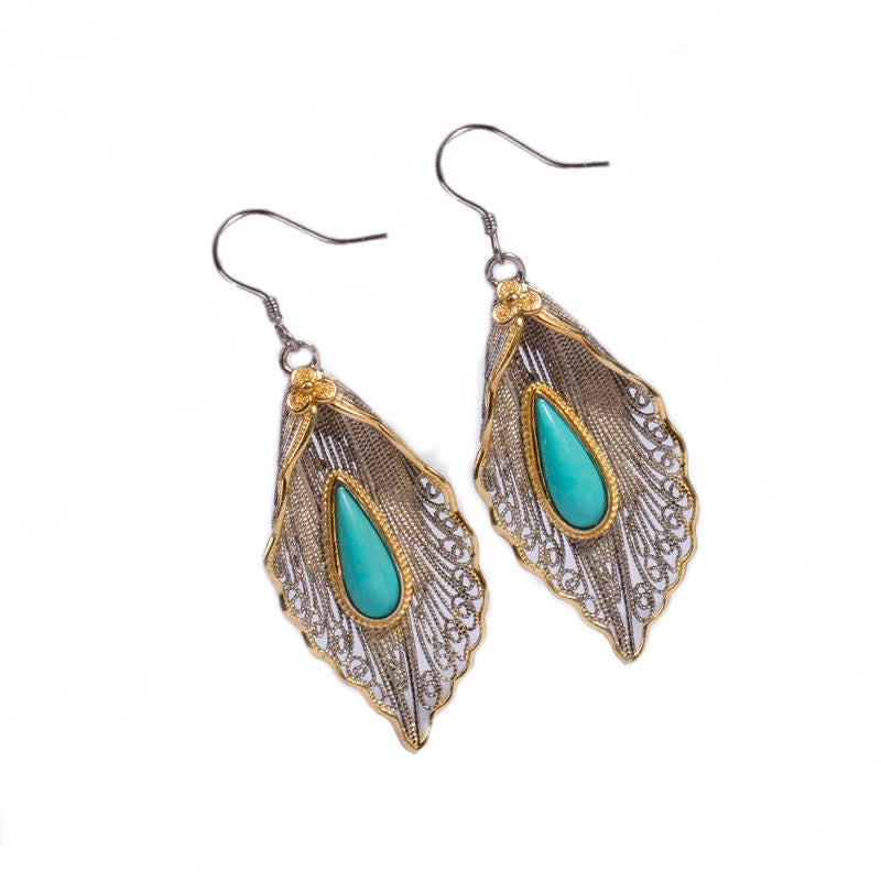 Fortune Jewel 925 Sterling Silver Turquoise Bodhi Leaf Pattern Protection Drop Dangle Earrings