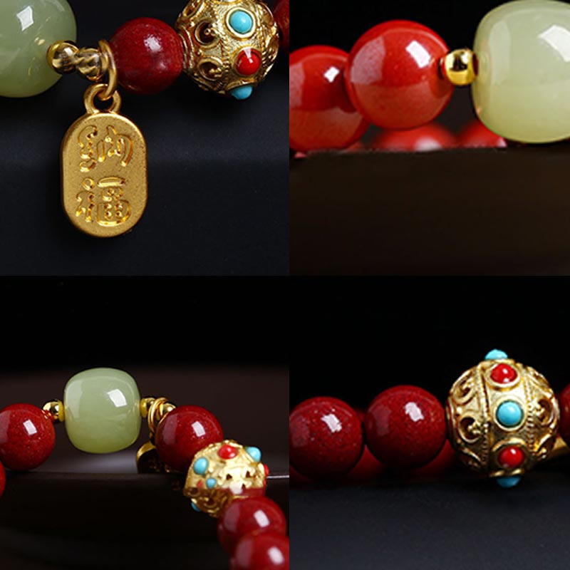 Fortune Jewel Cinnabar Green Aventurine Fortune Protection Charm Bracelet