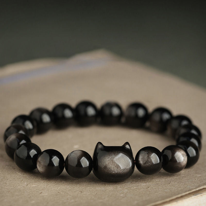 Fortune Jewel Gold Sheen Obsidian Silver Sheen Obsidian Lovely Paw Lucky Cat Protection Bracelet