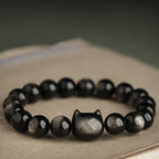 Fortune Jewel Gold Sheen Obsidian Silver Sheen Obsidian Lovely Paw Lucky Cat Protection Bracelet