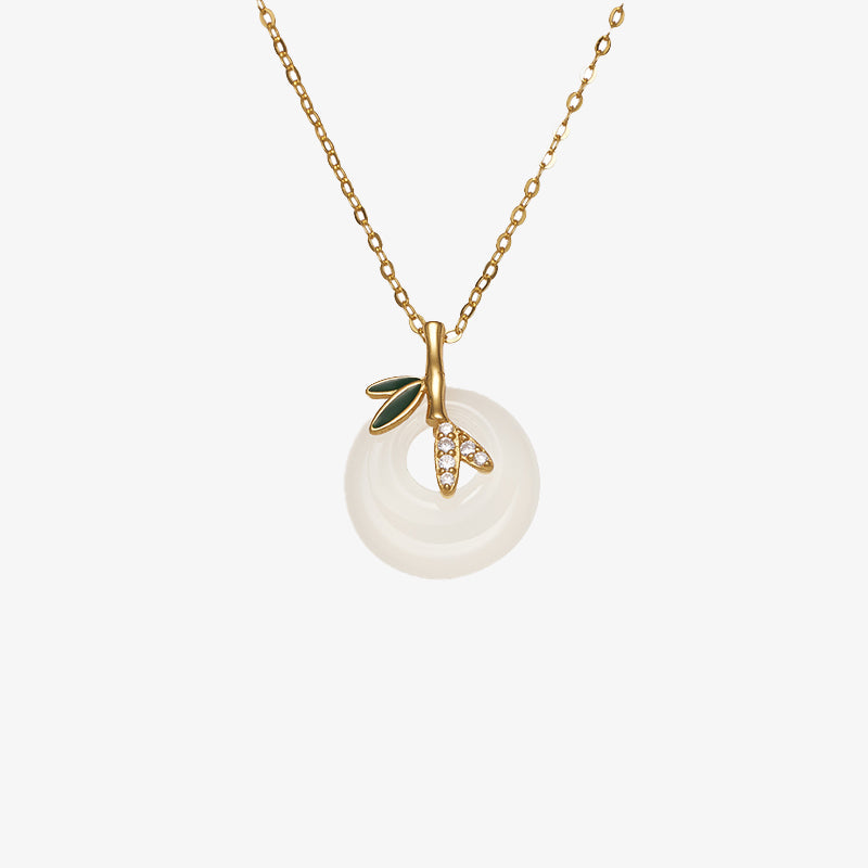 Fortune Jewel 925 Sterling Silver Natural Chalcedony Bamboo Leaf Peace Buckle Positive Necklace Pendant