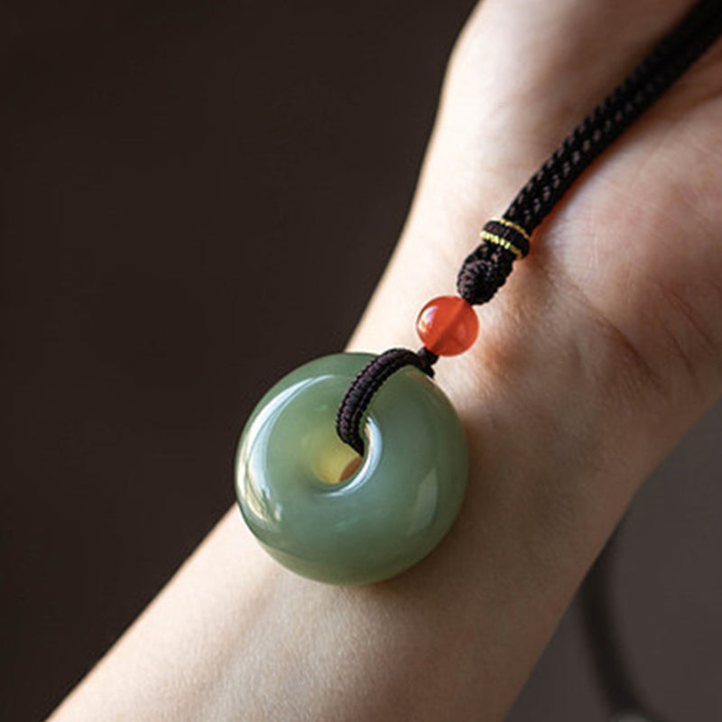 Fortune Jewel Natural Round Jade Gray Jade Peace Buckle Luck Necklace Pendant