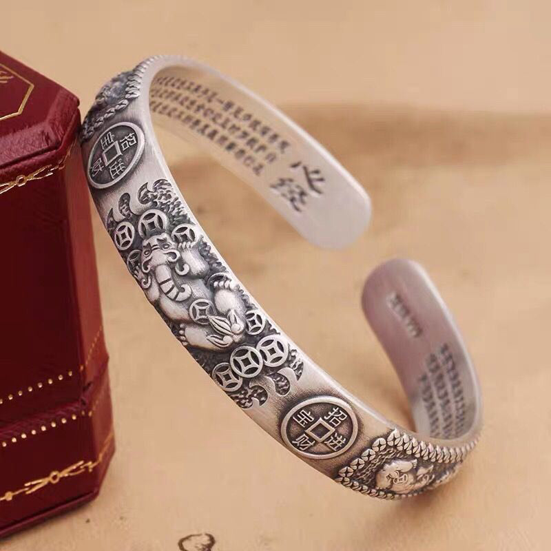 Fortune Jewel Tibetan PiXiu Heart Sutra Coin White Copper Wealth Bracelet Adjustable Bangle