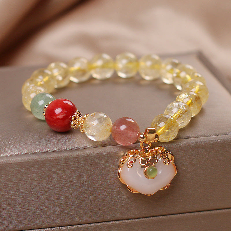 Fortune Jewel Natural Citrine White Jade Strawberry Quartz Protection Charm Bracelet
