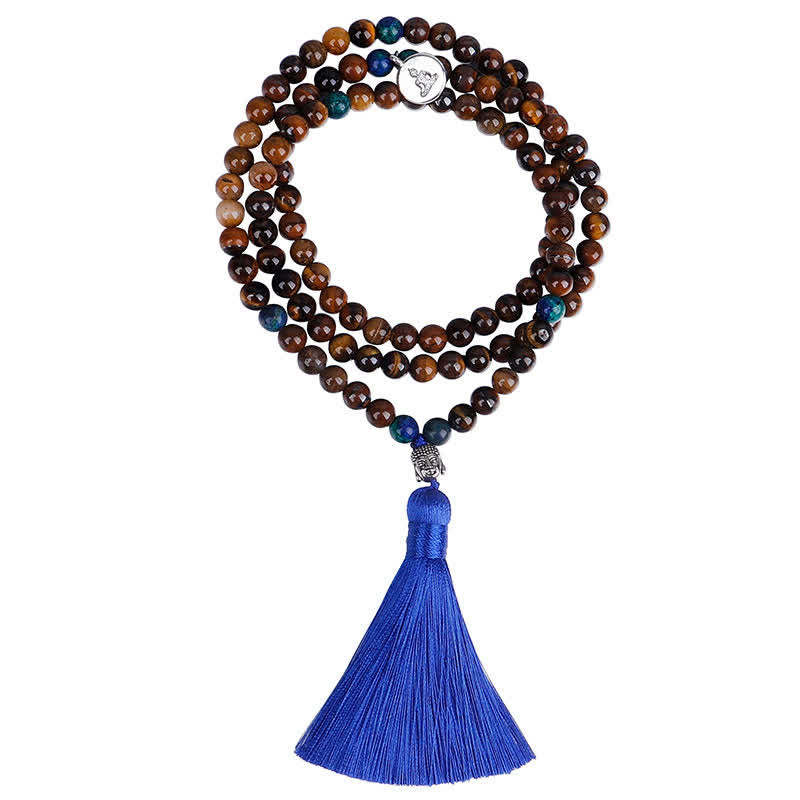 Fortune Jewel 108 Mala Beads Tiger Eye Buddha Strength Bracelet Tassel Necklace Pendant