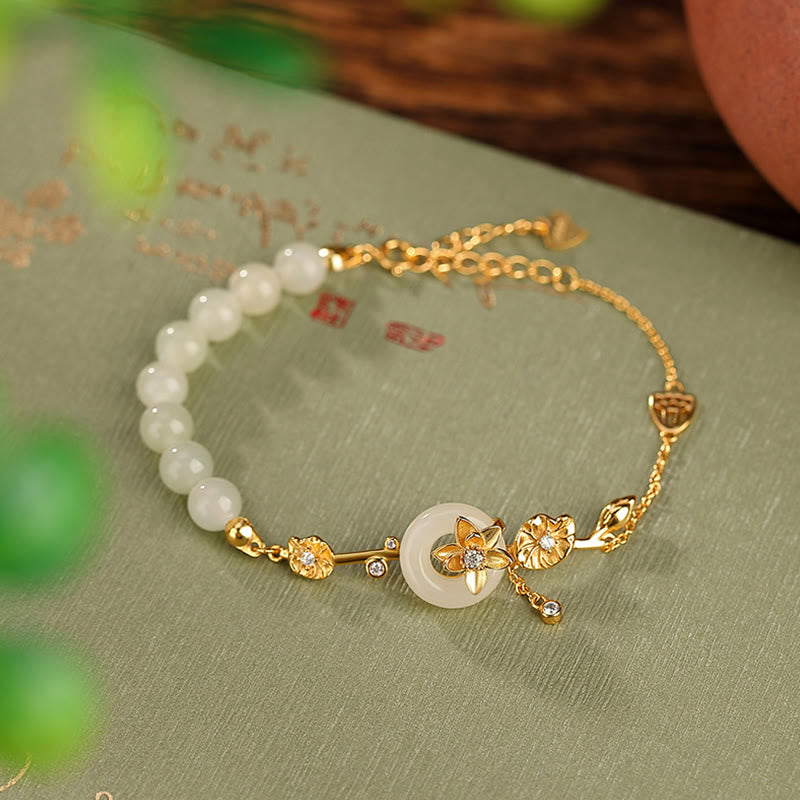 Fortune Jewel 925 Sterling Silver Hetian Jade Peace Buckle Lotus Luck Chain Bracelet
