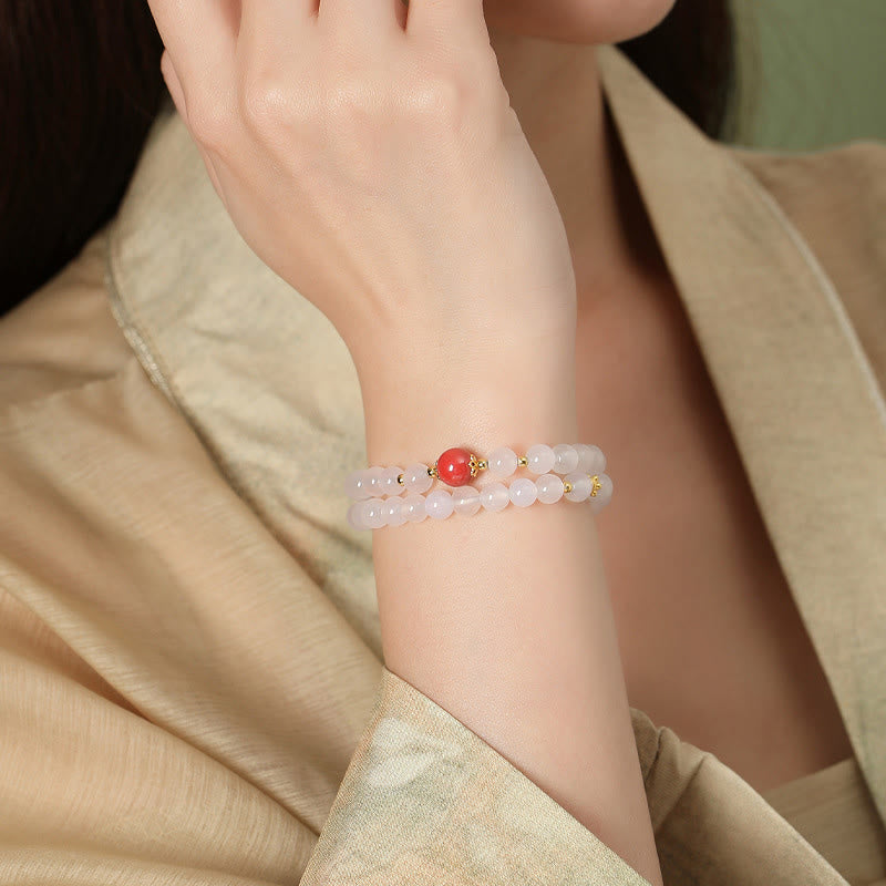 Fortune Jewel 925 Sterling Silver Natural White Agate Cinnabar Double Wrap Protection Bracelet