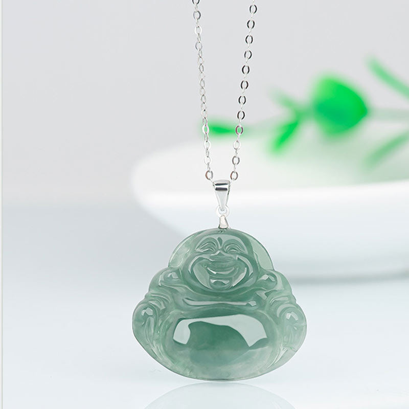 Fortune Jewel Laughing Buddha Jade Protection Calm Titanium Steel Chain Necklace Pendant Fortune Jewel