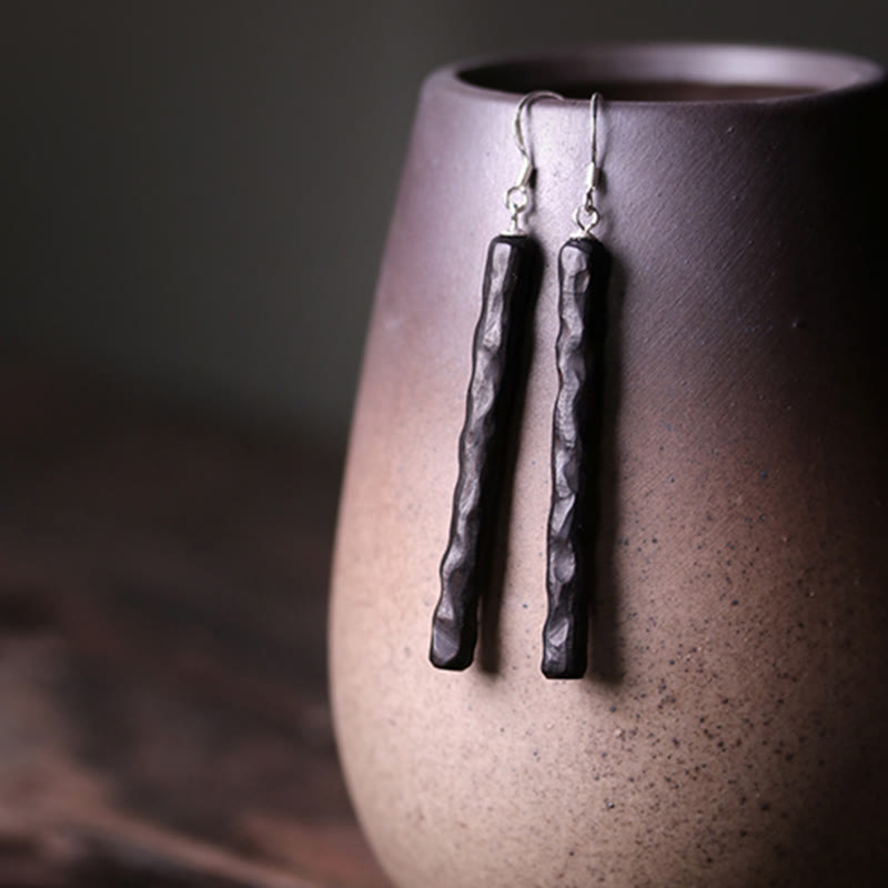 Fortune Jewel 925 Sterling Silver Ebony Wood Texture Balance Peace Drop Dangle Earrings