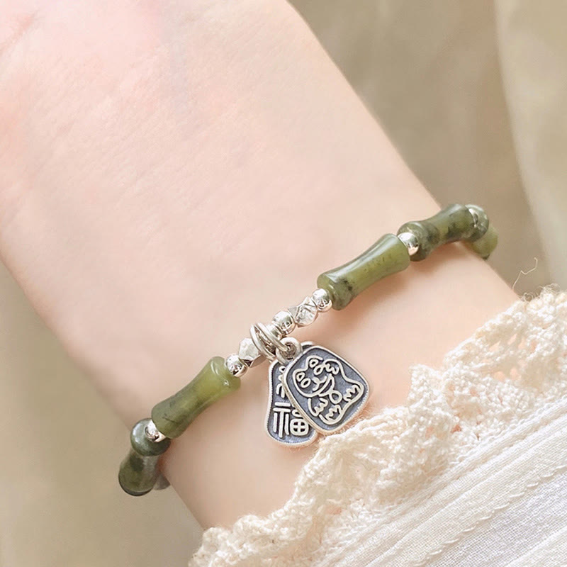 Fortune Jewel 925 Sterling Silver Bamboo Jade Lucky Cat Fu Character Luck Abundance Bracelet