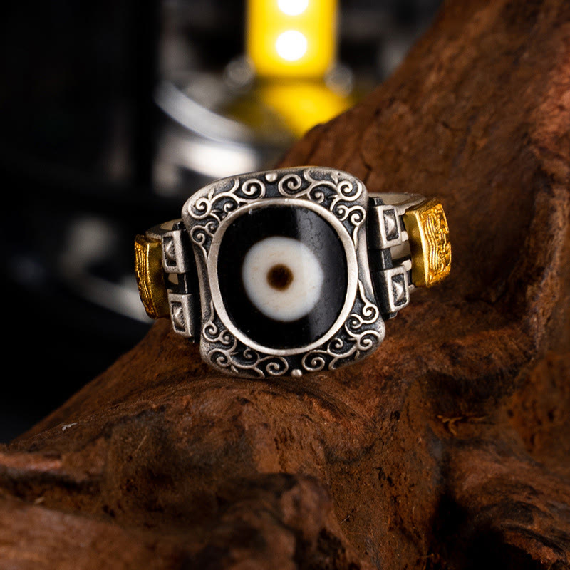 Fortune Jewel 925 Sterling Silver Zakiram Goddess of Wealth Design Dzi Bead Protection Ring