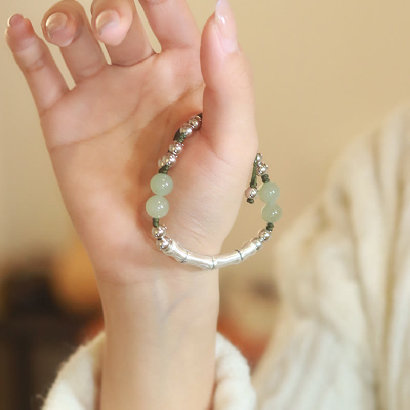 Fortune Jewel 925 Sterling Silver Natural Jade Fu Character Bamboo Abundance Bracelet