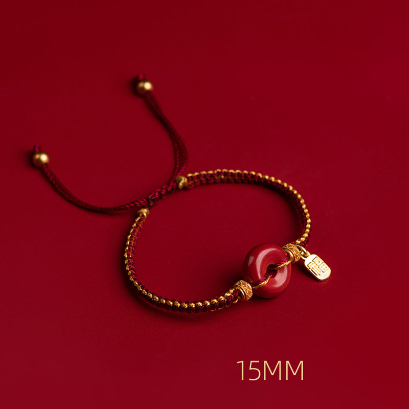 Fortune Jewel Natural Cinnabar Peace Buckle Fu Character Charm Blessing Braided Bracelet