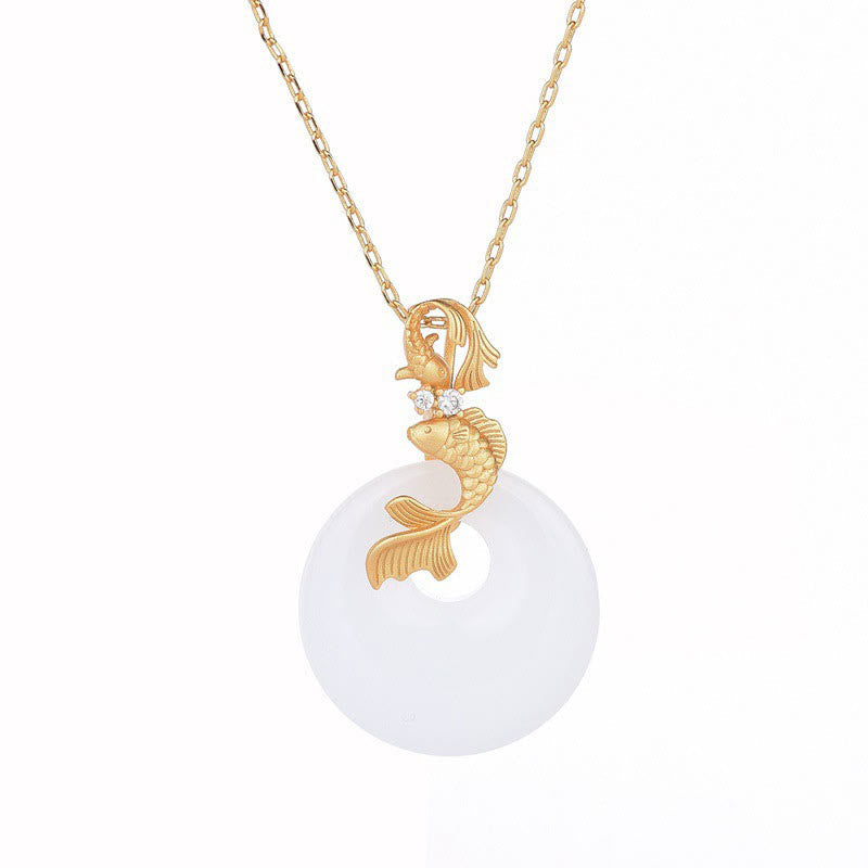 Fortune Jewel White Jade Koi Fish Wealth Prosperity Necklace Pendant