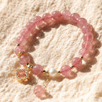 Fortune Jewel Strawberry Quartz Pearl Four Leaf Clover Charm Healing Bracelet