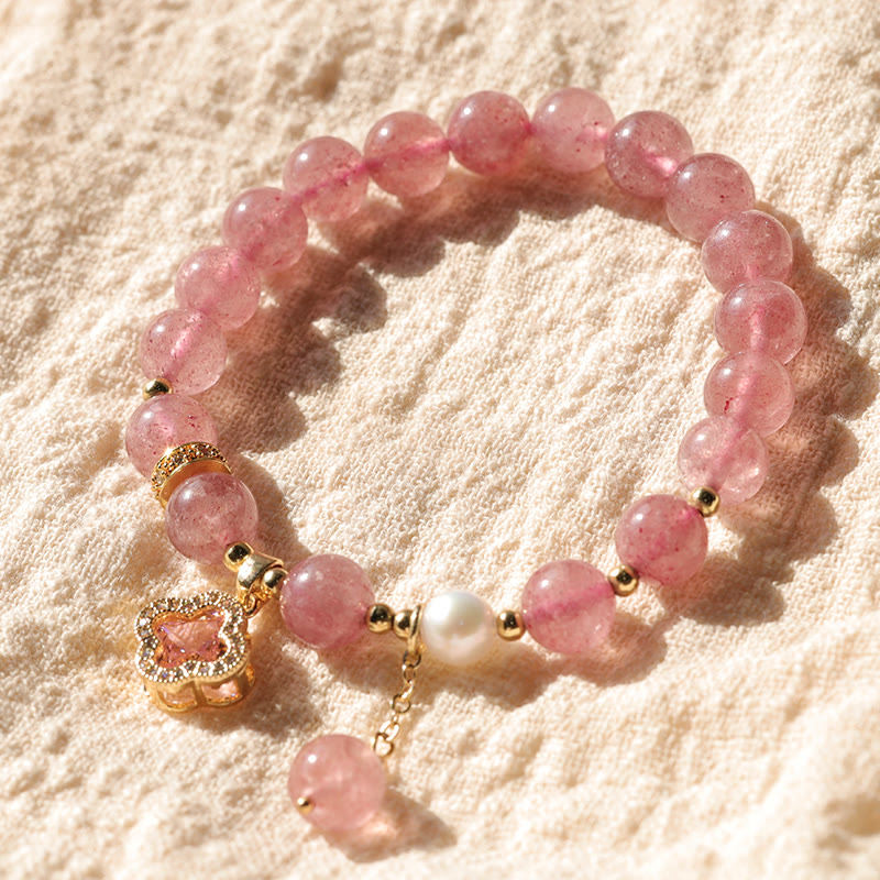 Fortune Jewel Strawberry Quartz Pearl Four Leaf Clover Charm Healing Bracelet