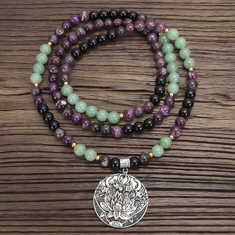 Fortune Jewel 108 Mala Beads Amethyst Green Aventurine Lotus Meditation Bracelet