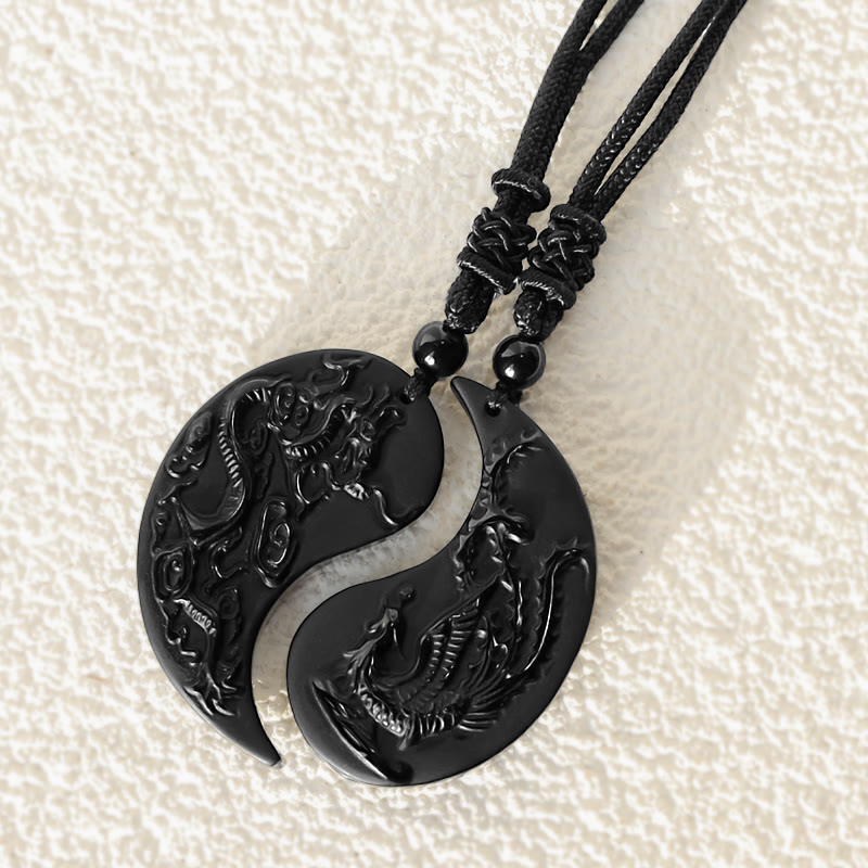 Fortune Jewel Black Obsidian Yin Yang Dragon Phoenix Luck Necklace Pendant
