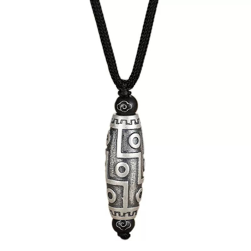 Fortune Jewel Tibet Nine-Eye Dzi Bead Pattern Copper Auspicious Clouds Wealth Necklace Pendant