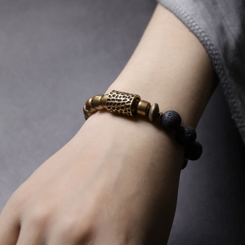 Fortune Jewel Lava Rock Stone Rainbow Obsidian Brass Support Healing Bracelet