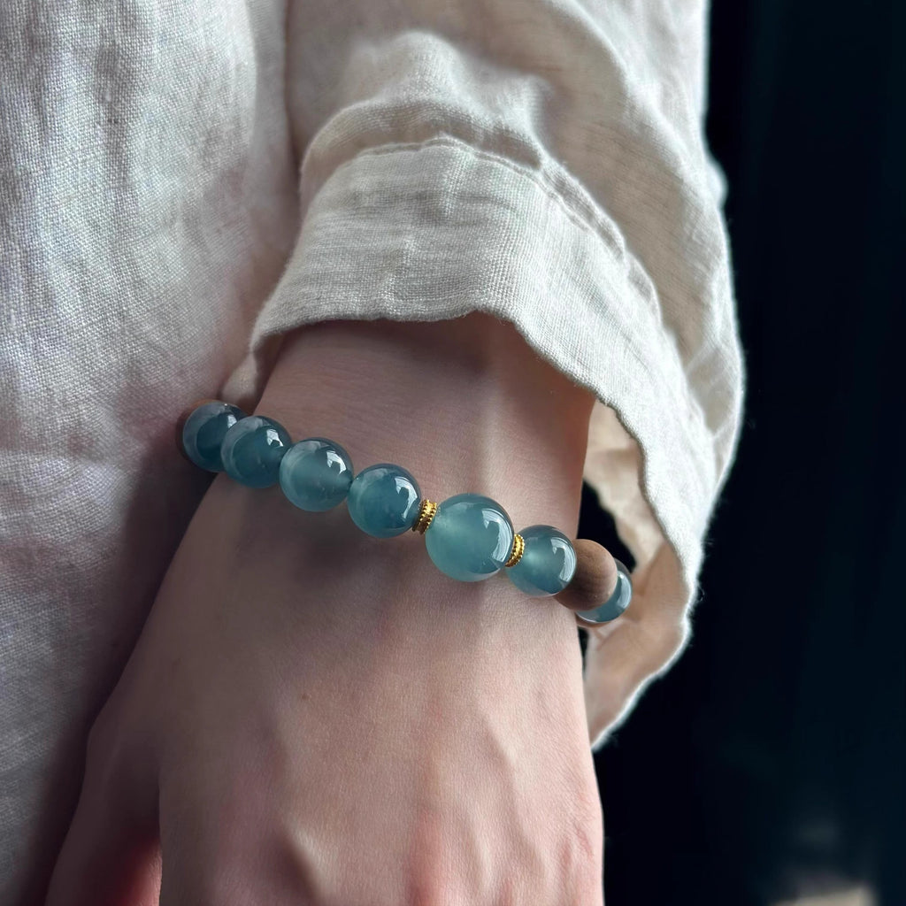 Natural Blue Water Jadeite Bracelet with 10mm Beads & Indian Old Sandalwood – Single Wrap, Unisex