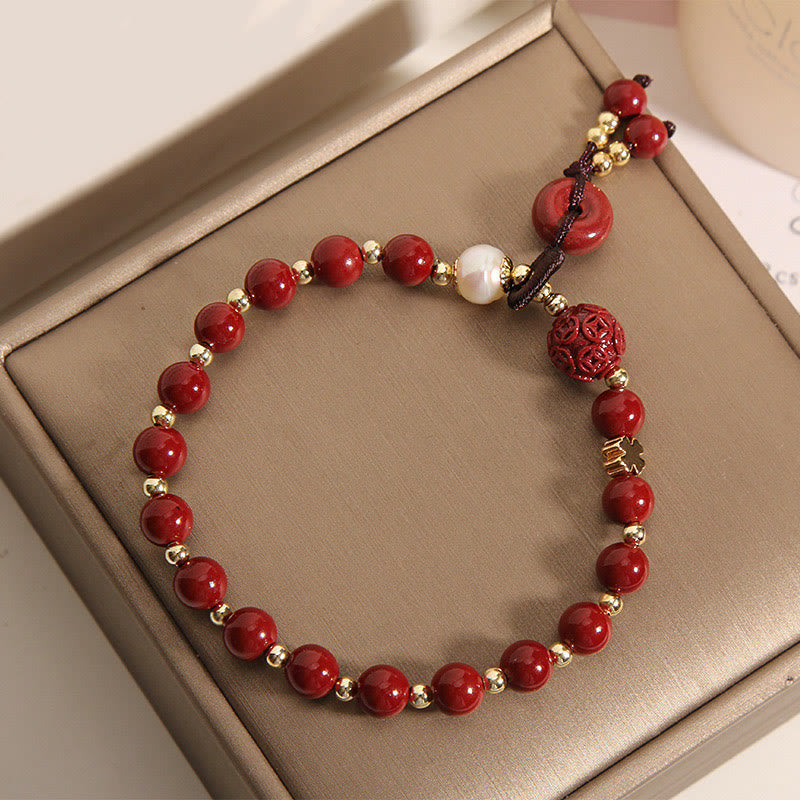 Fortune Jewel Natural Cinnabar Peace Buckle Copper Coin Charm Blessing Bracelet