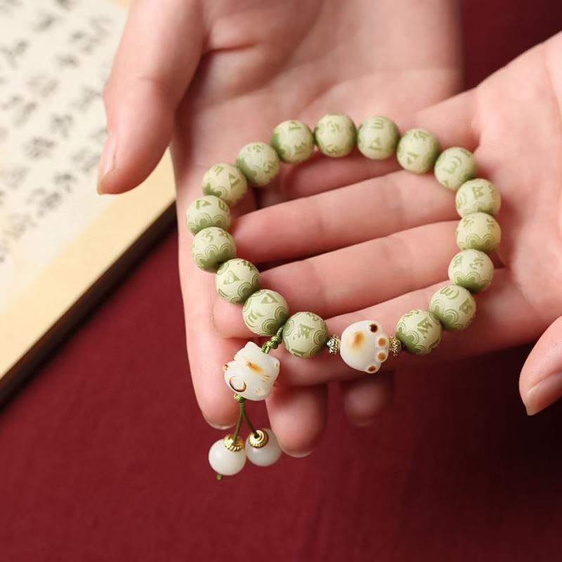 Fortune Jewel Green Bodhi Seed Cat Paw Om Mani Padme Hum Engraved Wisdom Bracelet