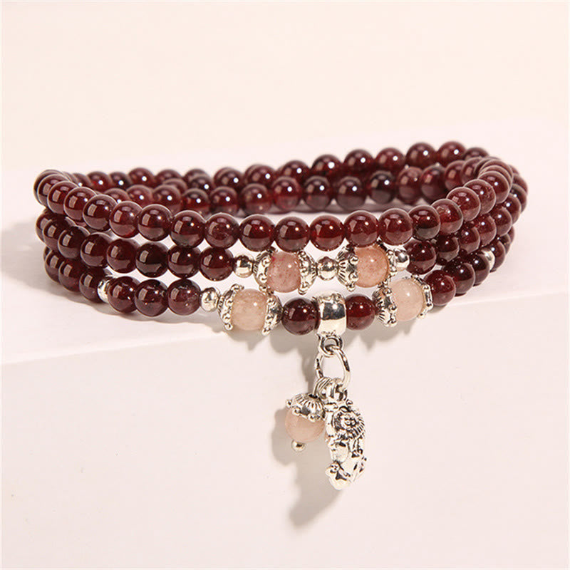 Fortune Jewel Natural Garnet Strawberry Quartz Green Beans PiXiu Protection Triple Wrap Bracelet