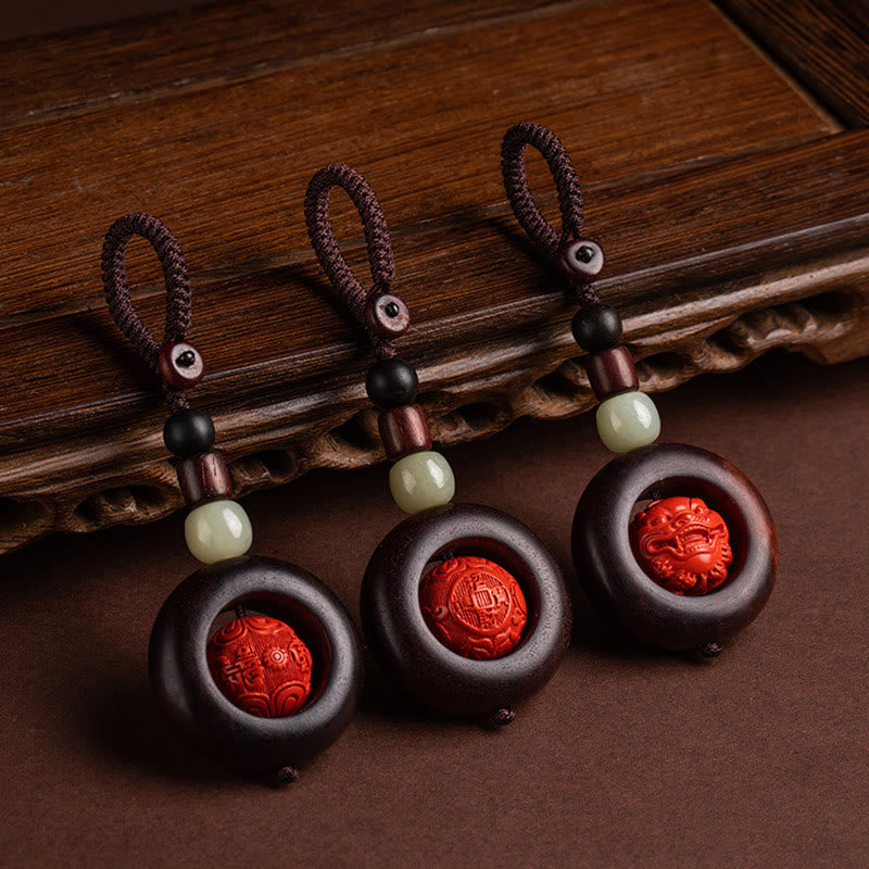 Fortune Jewel Tibet Om Mani Padme Hum PiXiu Copper Coin Small Leaf Red Sandalwood Cinnabar Protection Key Chain