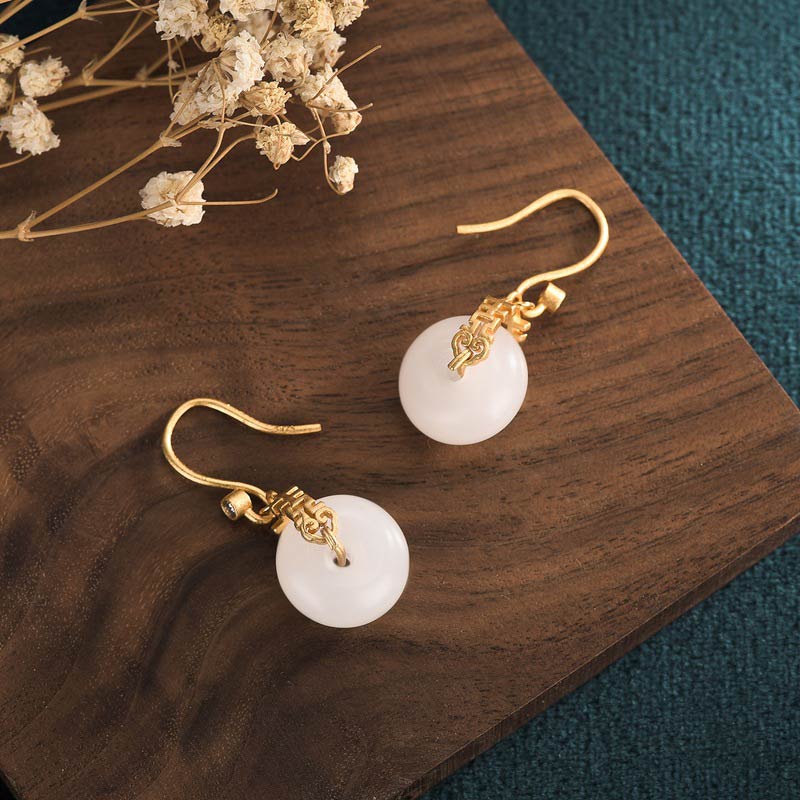 Fortune Jewel White Jade Double Happiness Fortune Earrings