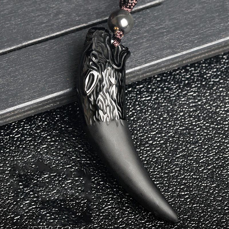 Fortune Jewel Natural Black Obsidian Ice Obsidian Rainbow Obsidian Wolf Tooth Pattern Strength Necklace Pendant