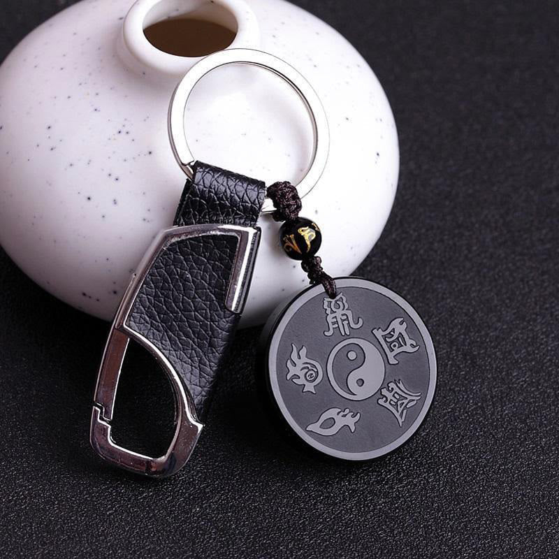 Fortune Jewel Natural Black Obsidian Taoism Five Sacred Mountains Nine-Character Mantra Carved Strength Yin Yang Necklace Pendant Key Chain