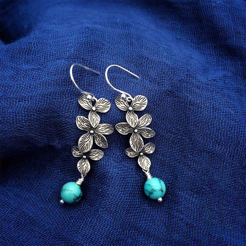 Fortune Jewel 925 Sterling Silver Turquoise Lazurite Flower Leaf Serenity Protection Hook Drop Dangle Earrings